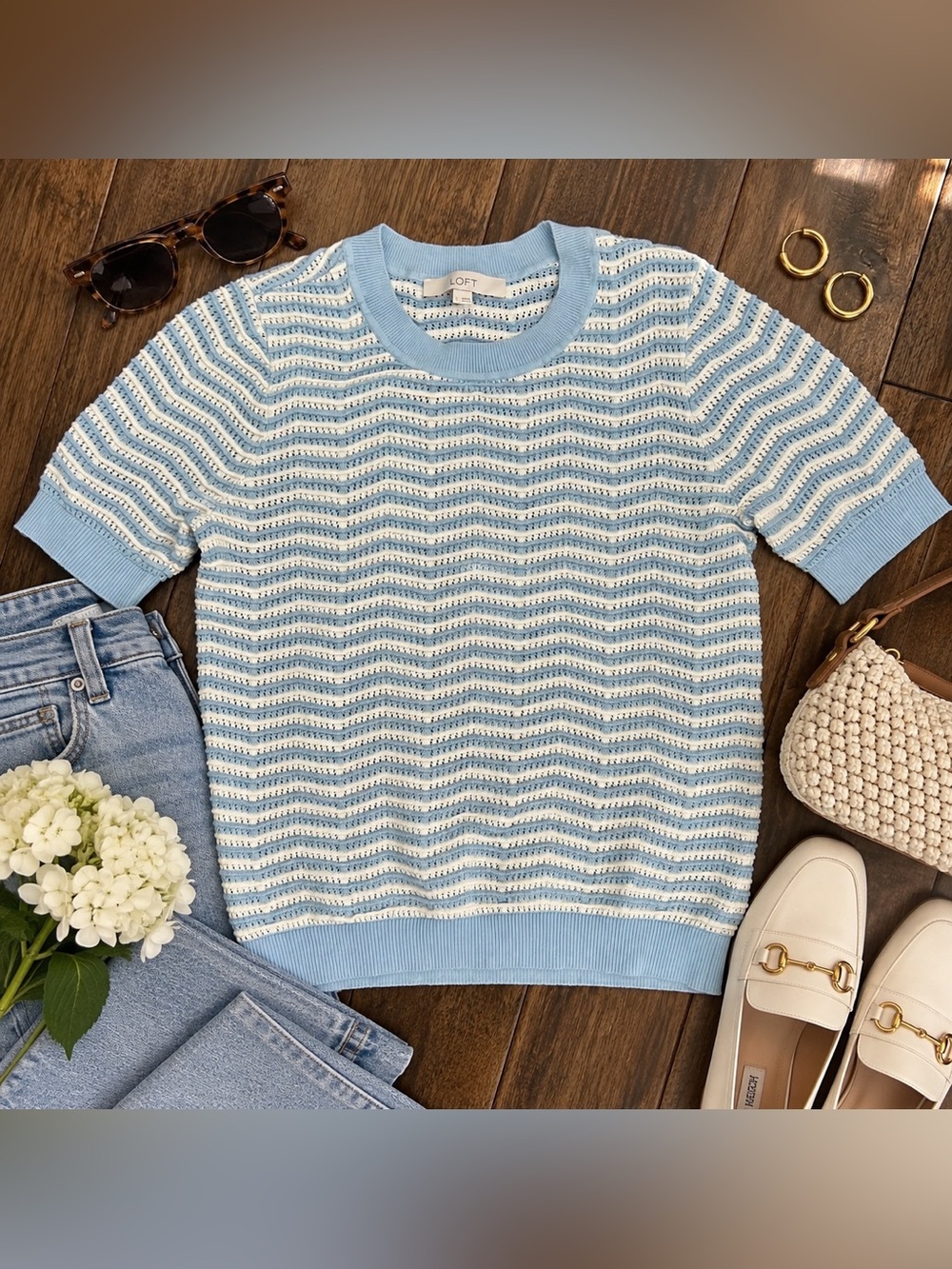 LOFT Blue & Ivory Open Knit Striped Short Sleeve Sweater Top Size Small
